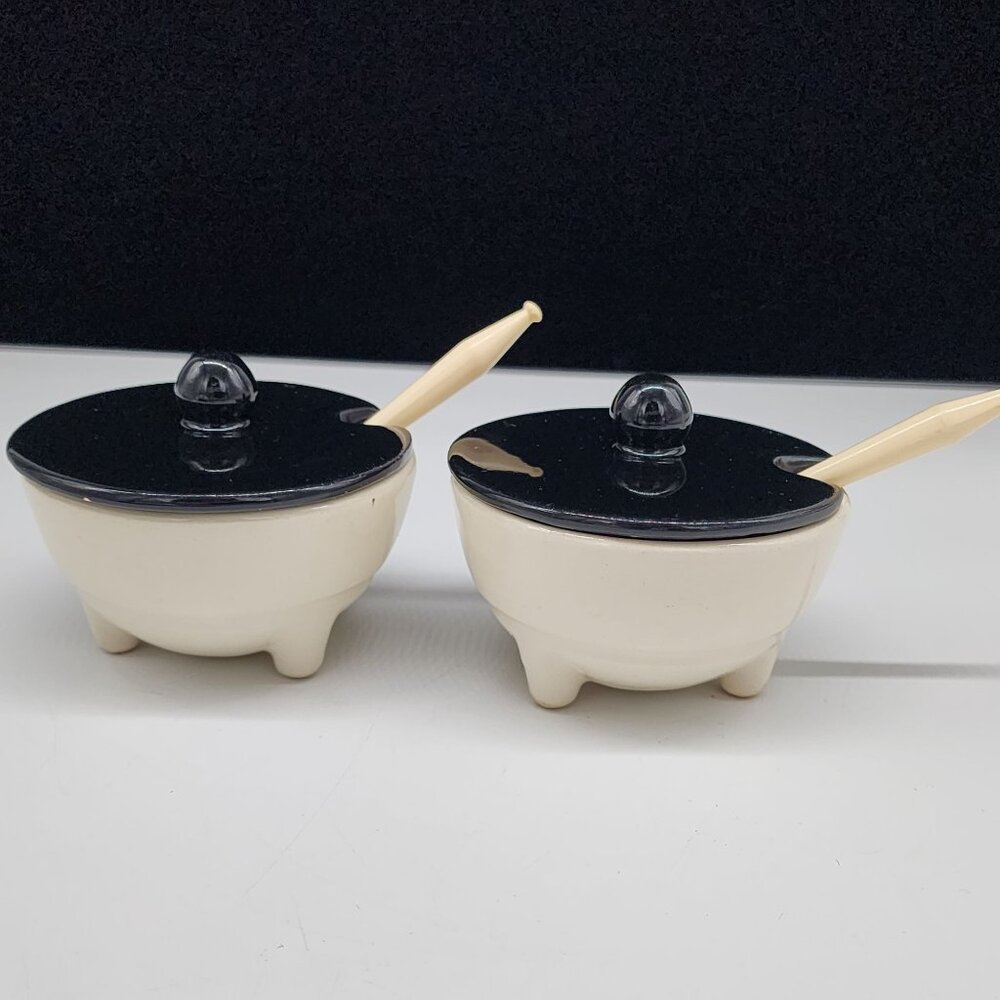 Vintage MCM Shawnee Jelly Bowls Black Lids and Spoons Ivory Color